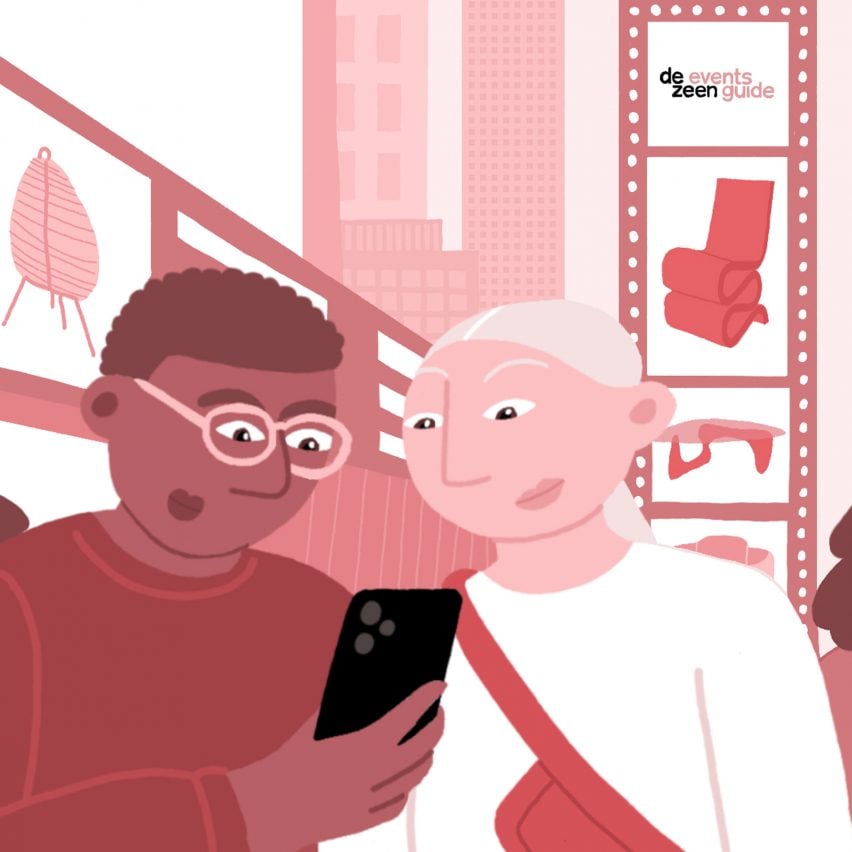 Red and white NYCxDesign illustration featuring individuals visiting the event